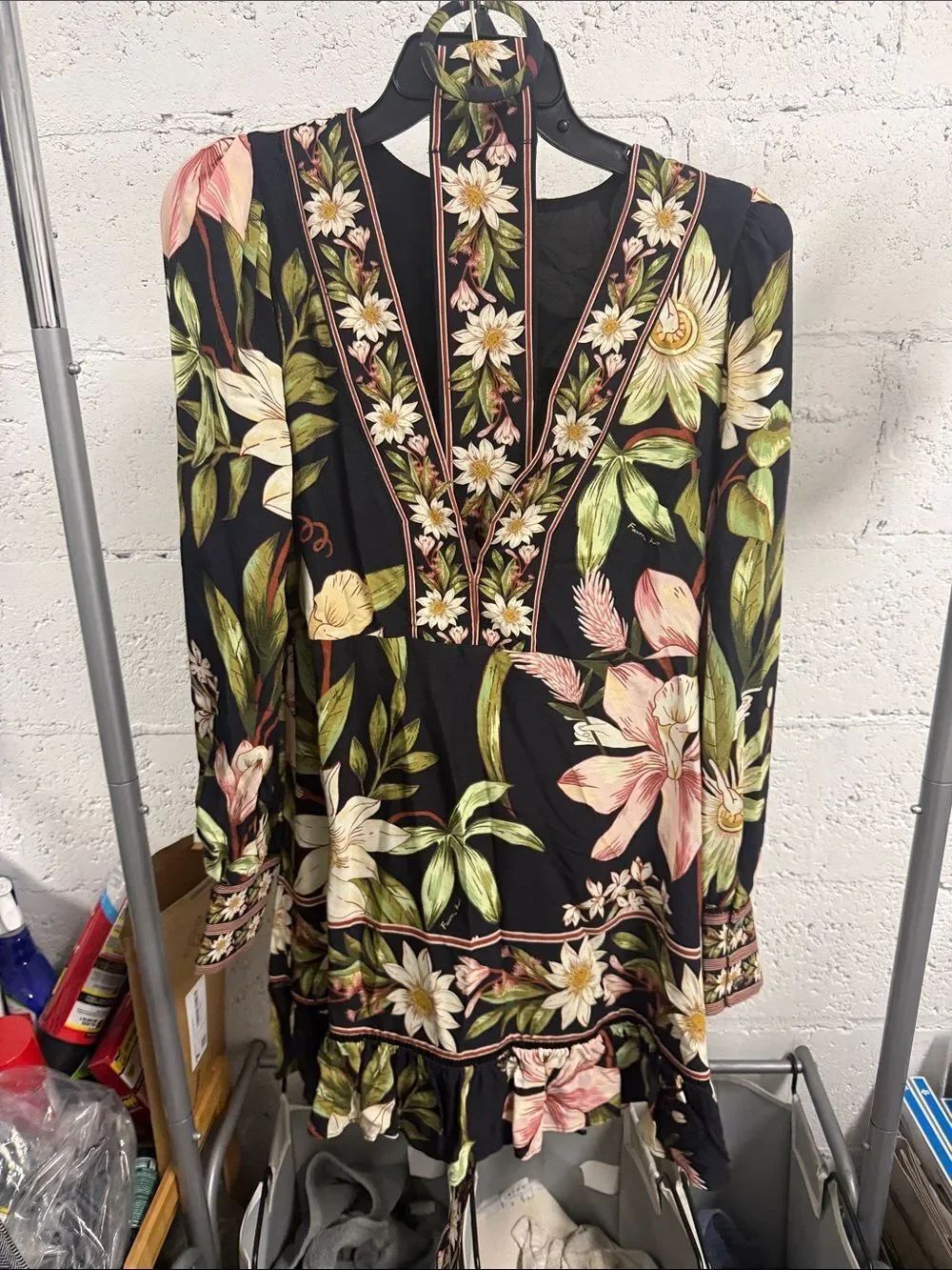 FARM Rio Black Floral Dress with Green & Pink Botanicals Belt NWOT Size XS